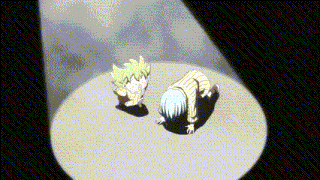 a couple of cartoon characters standing next to each other under a spotlight