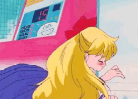a pixel art drawing of a girl with blonde hair and a red bow