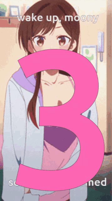 a picture of a girl with a pink number 3 on it