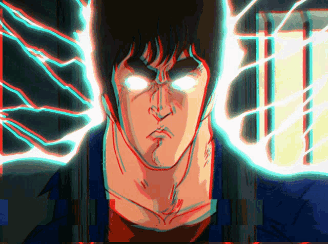 a close up of a man 's face with lightning coming out of his eyes