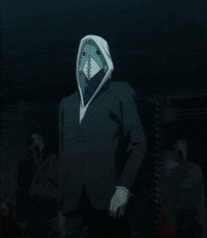 a man in a suit has a shark mask on his head