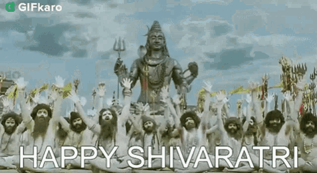 a group of people are standing in front of a statue of shiva and the words happy shivaratri