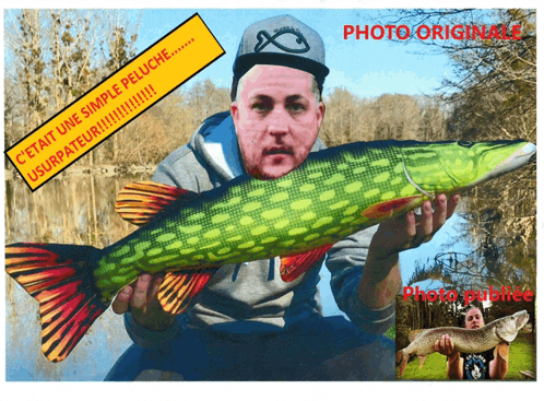 a picture of a man holding a large fish with the words photo originale on the bottom
