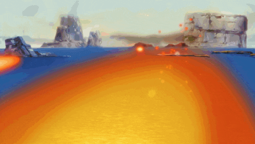 a computer generated image of a volcano erupting with a blue sky in the background