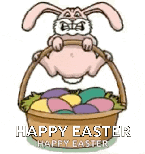 a cartoon easter bunny is jumping out of a basket of eggs .