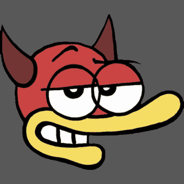 a cartoon devil with horns and a yellow tongue