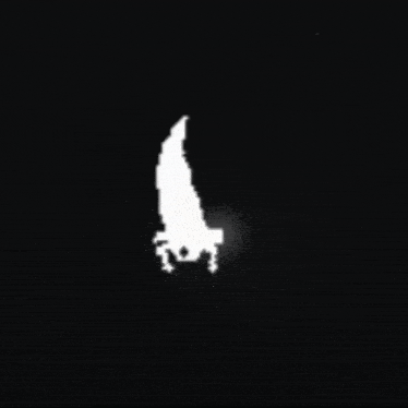 a white silhouette of a person is floating in the air on a black background .
