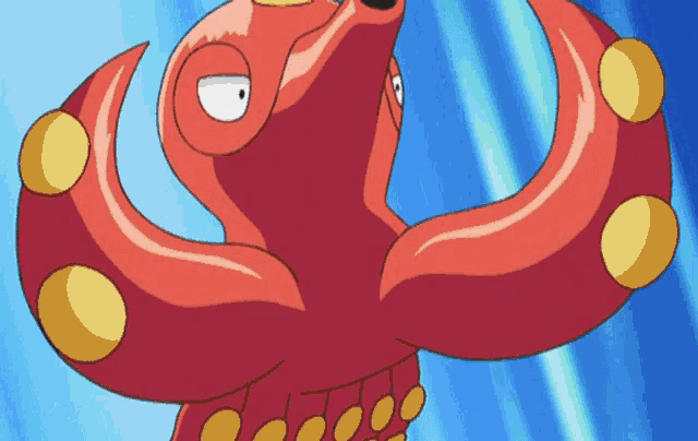 a red octopus with yellow dots on its arms and legs
