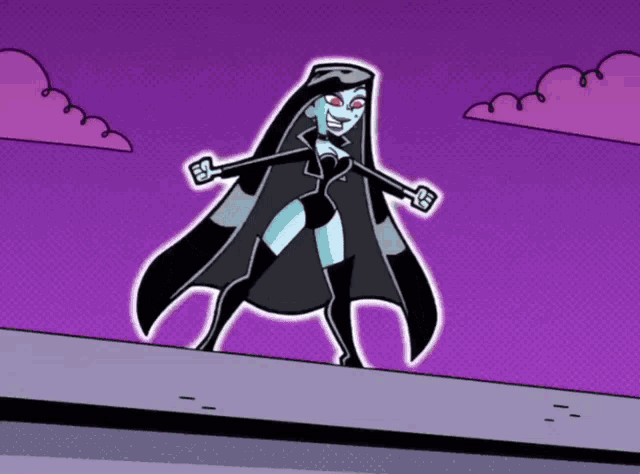 a cartoon character standing on a ledge with a purple background