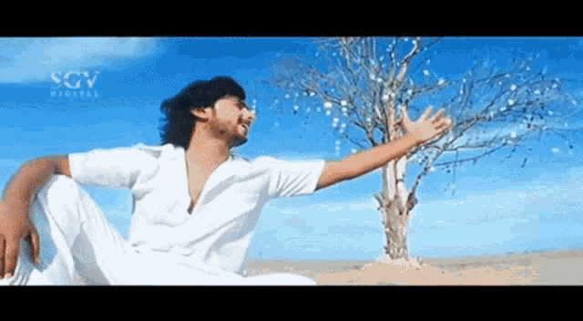 a man in a white shirt is sitting in front of a tree with his arms outstretched