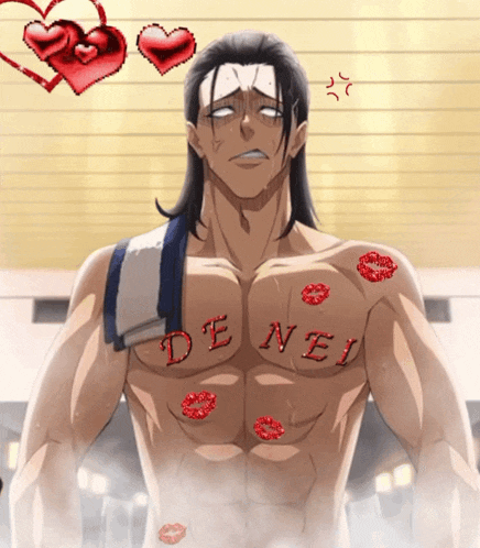 a shirtless anime character with the word de nei on his chest