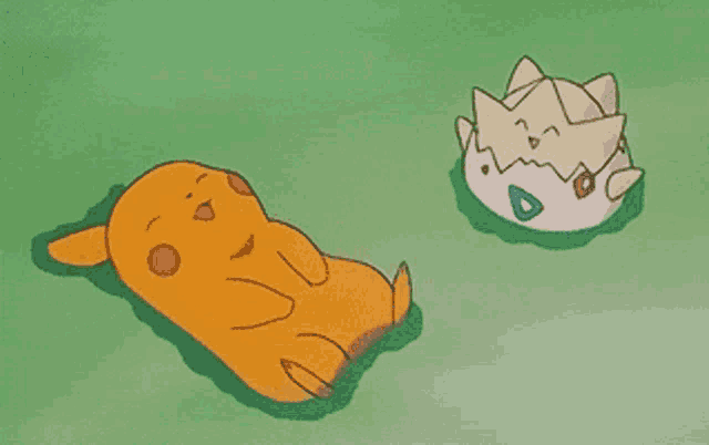 two cartoon characters are laying on the grass one is pikachu and the other is togey