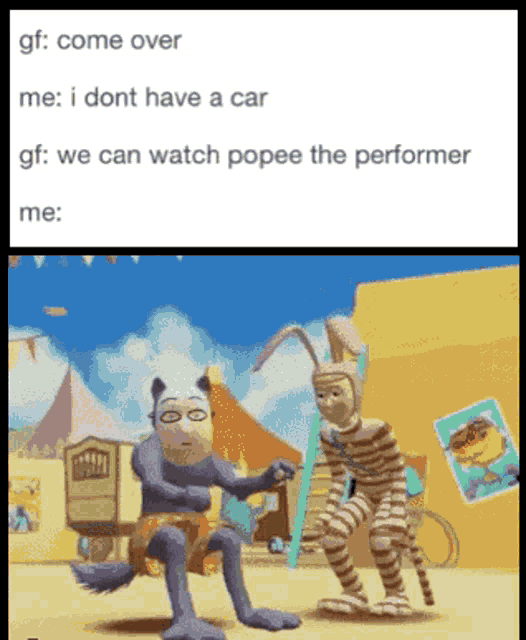 a couple of cartoon characters standing next to each other with a caption that says come over me i dont have a car