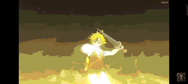 a cartoon character is holding a sword and the word skip is on the bottom of the screen