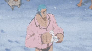 a group of cartoon characters standing in the snow