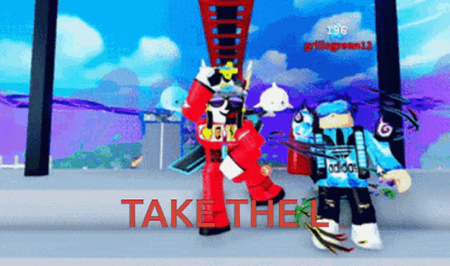 two roblox characters are standing next to each other with the words take the l written in red