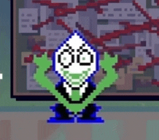 a pixel art drawing of a frog in a suit and tie standing in front of a map .