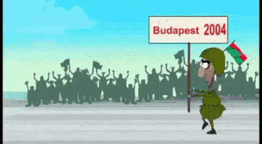 a cartoon soldier holding a sign that says ' budapest 2004 '