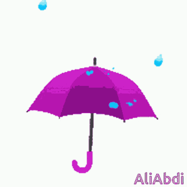 a pixel art of a purple umbrella with rain drops falling on it