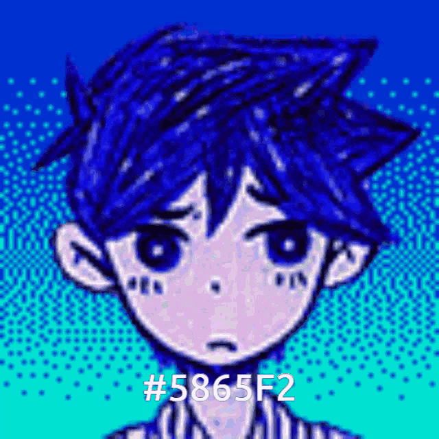 a pixel art drawing of a boy with blue hair and the code # 5865f2
