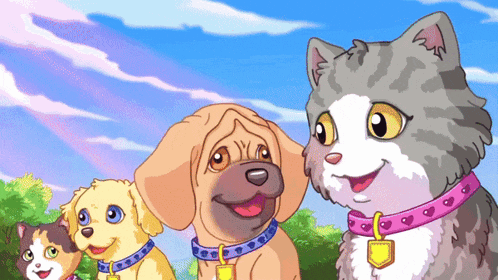 a dog and a cat are standing next to each other and smiling