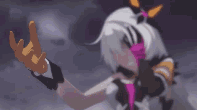 a girl with white hair is reaching out her hand towards something