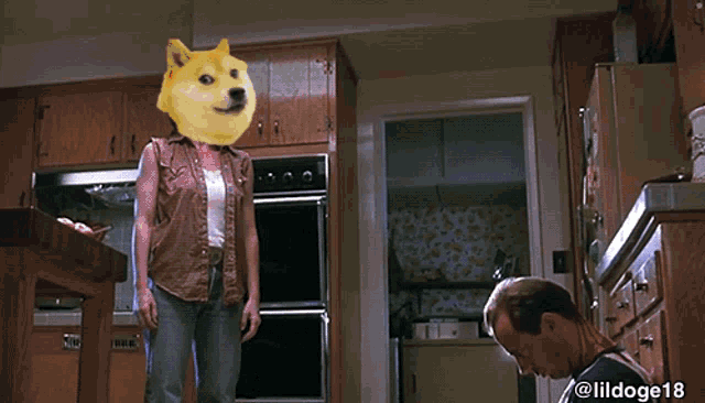 a man in a kitchen with a doge on his head and the hashtag lildoge18