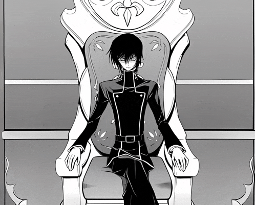 a black and white drawing of a man sitting on a white chair