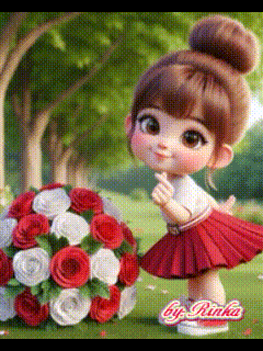 a little girl in a red skirt is standing next to a bouquet of red and white roses