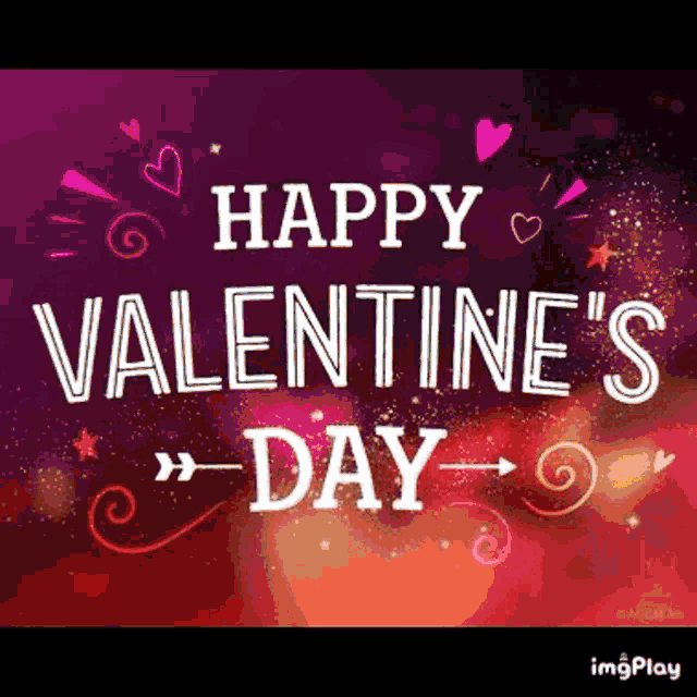 a happy valentine 's day greeting card with hearts and swirls on a purple background