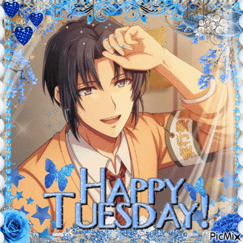 a picture of a boy with the words happy tuesday