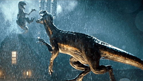 two dinosaurs are running in the rain and one is flying in the air