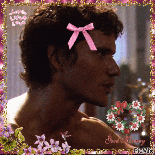 a picture of a man with a pink bow on his head and the words love love love on the bottom
