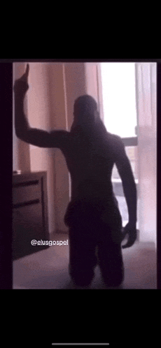 a silhouette of a man kneeling in front of a window giving the middle finger .