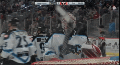 a hockey game is being played and the goalie has the letter g on his jersey