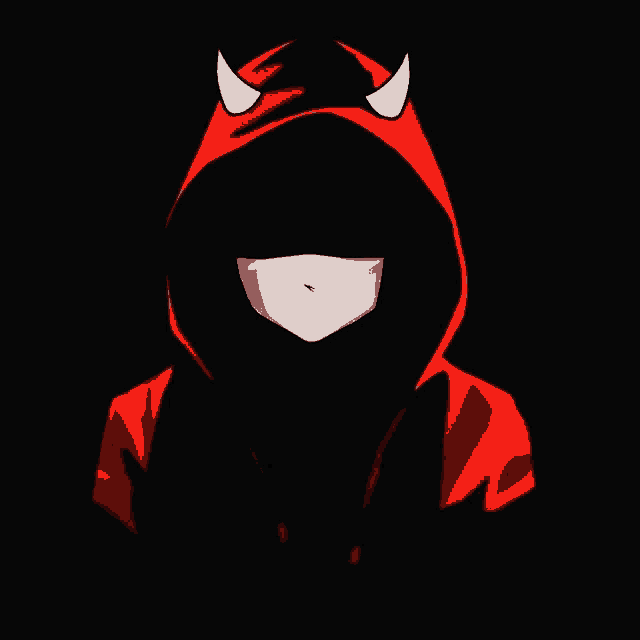a person wearing a red devil hoodie with horns