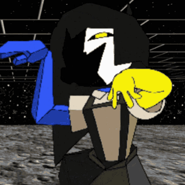 a cartoon character with a blue arm and a yellow arm