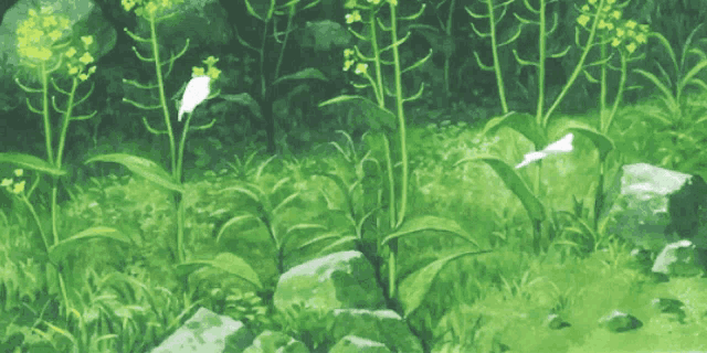 a painting of a lush green field with rocks