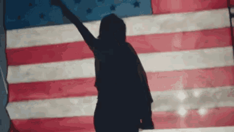 a person standing in front of a large american flag