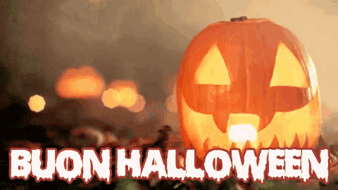 a picture of a carved pumpkin with the words buon halloween written below it