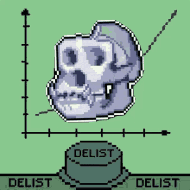 a pixel art drawing of a skull with the word delist below it