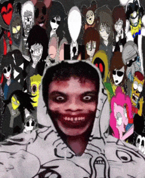 a group of cartoon characters are gathered around a man 's head
