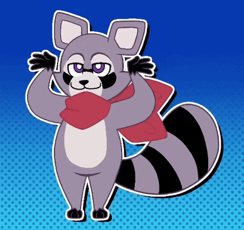 a cartoon drawing of a raccoon with a red scarf around its neck