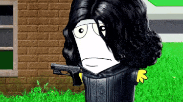 a cartoon character holding a gun with a brick wall in the background