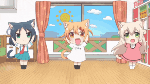 three anime characters are dancing in front of a window and one has a shirt that says 299 on it