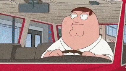 peter griffin from the family guy is driving a red bus .