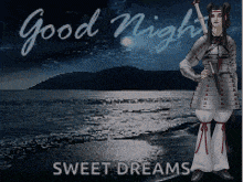 a picture of a woman on a beach with the words good night sweet dreams below her