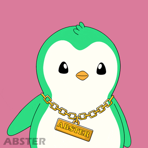 a green penguin wearing a gold chain and a tag that says abster on it