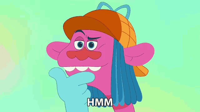 a troll wearing a hat and a mustache says " hmm "