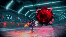 a video game scene with a red ball in the middle and the number 3 on the wall